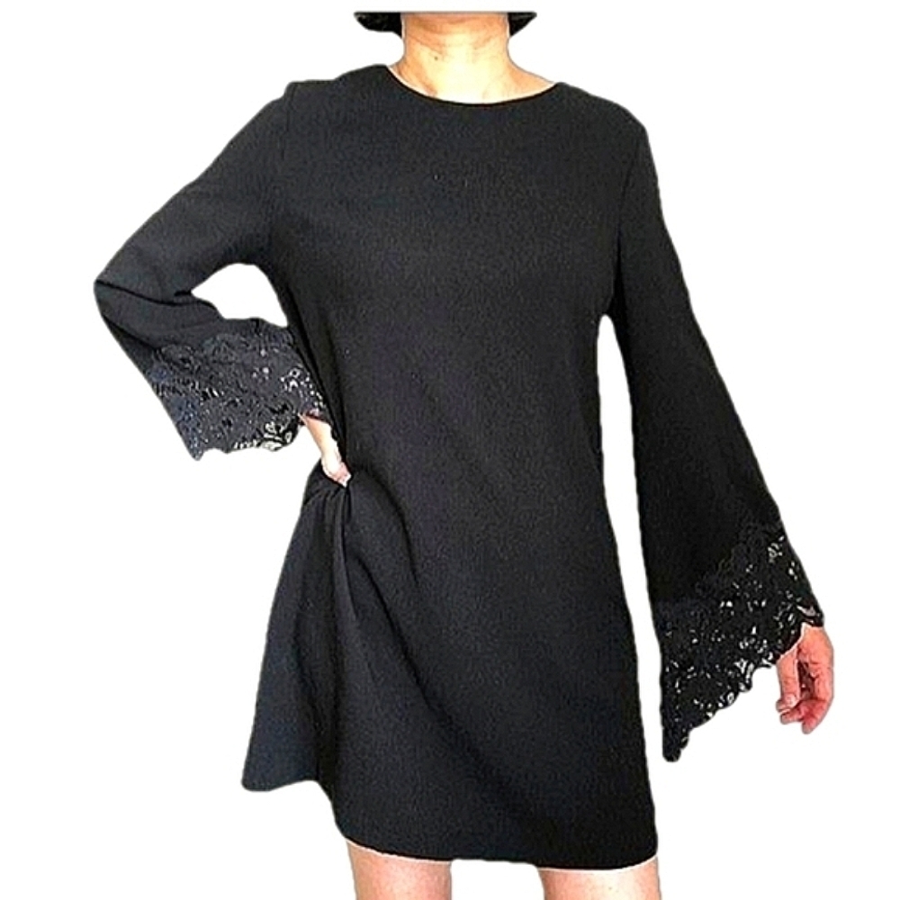 Black Long Sleeve Swing Mini Dress w/ Lace Bat Sleeve Whimsigoth Dark Romantic